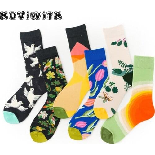 Bird/flower Pattern Cotton Socks for Women Winter White Casual Short Fashion Black/White Sock Cute Warm Harajuku Christmas Sox