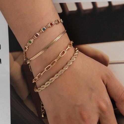 4pcs Bracelets/Set Colorful Square Crystals and Multi Shape Chains Women`s Fashion Chain Bracelet Set