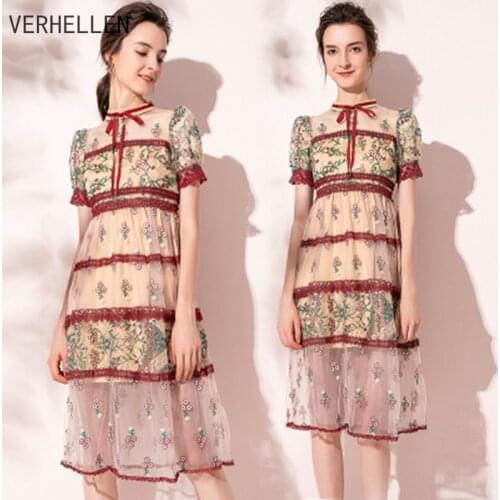 VERHELLEN Catwalk dress 2020 Summer new fashion bubble sleeves net yarn perspective heavy industry embroidery retro dress women