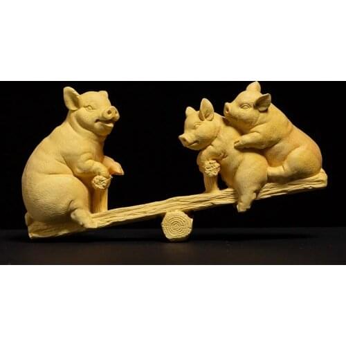 12 Zodiac Pig Play Seesaw Boxwood Carvings Solid Wood Home Lucky Feng Shui Living Room Decoration Carving Crafts Collection