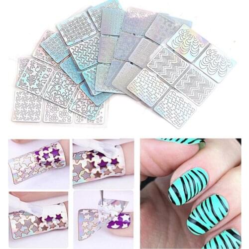 24 Sheets Laser Nail Art Hollow Stickers Nail Vinyls 3D Image Transfer Guide Stencil Set Irregular Pattern Mixed Decals