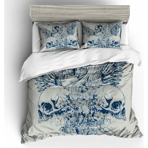 3D Blue Skull Duvet Cover Set,Hand Painted Skull with Wings Cranium Bedding,Terror Style Bedroom Decor Bedding Set US AU EU Size