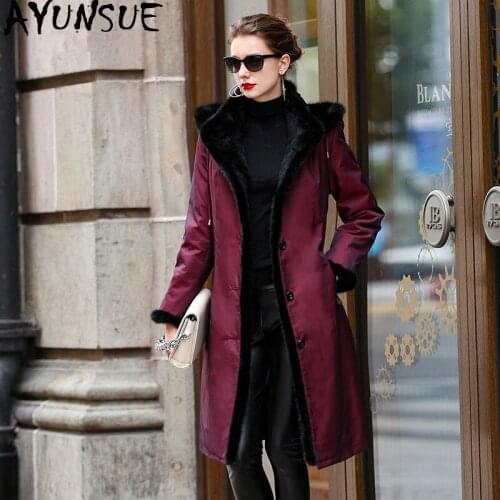 AYUNSUE Luxury Natural Rabbit Fur Liner Parka Winter Jacket Women Real Mink Fur Collar Long Coat Female Parkas Plus Size MY3603