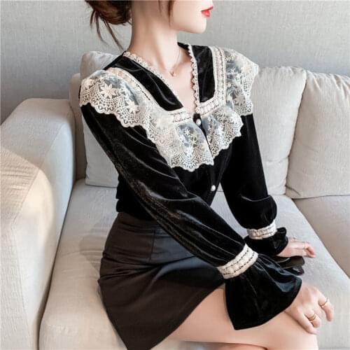 Blouse Women Shirt Vintage Velvet Shirt Female Lace V-neck Loose Long Sleeve Top Blusas Mujer De Moda
