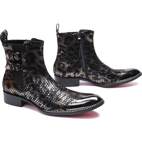 Genuine Leather Low heel zip Double buckle mid boots fashion Bullock carved dress oxford pointed toe Martin boots big size 46