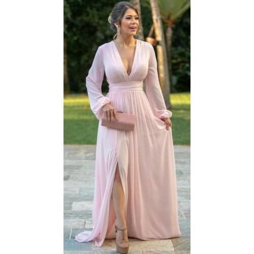 Long Chiffon Side Slit Mother of the Bride Dresses with Sleeves Floor Length Pink V-Neck Wedding Party Dresses for Women