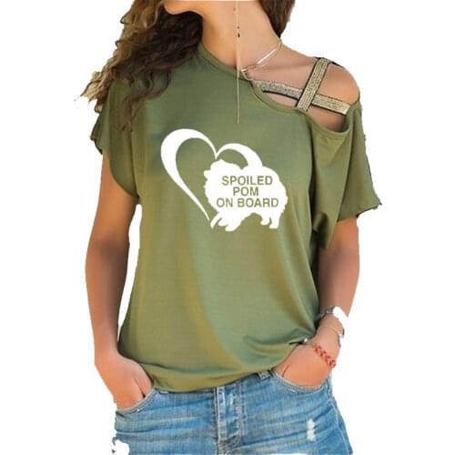 SPOILED POM ON BOARD Cute Pomeranian Dog Printing Short sleeve T-Shirt Women pure cotton Irregular Skew Cross Bandage Tops Tee