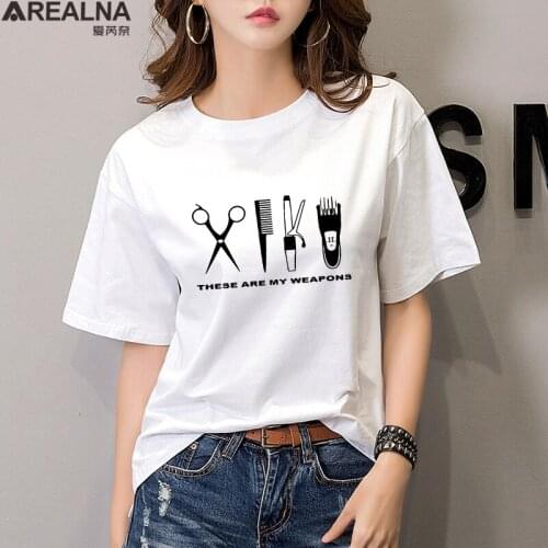 100% Cotton Harajuku Barber Weapons t shirt women kawaii Casual short sleeve graphic t shirts Hairdresser Scissors Clothing Tops
