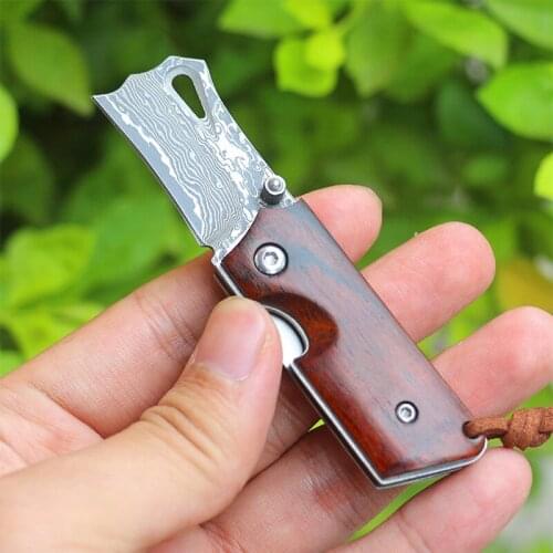 Sharp Damascus steel blade sandalwood handle outdoor survival folding knife mini portable EDC tool is also a good gift knife
