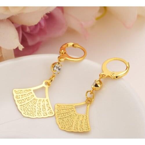 Fashion 24k Gold Filled fan pendant Women Drop Earring crystal Dangle Earring Charms Jewelry cz Earrings brincos Vintage girls