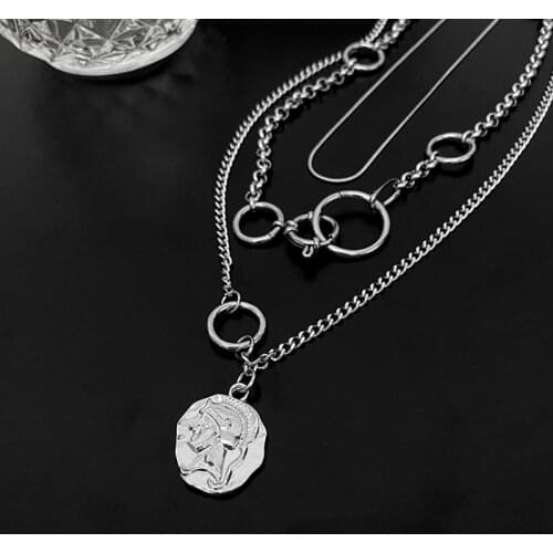 Portrait Coin Personality Multilayer Necklaces For Unisex Trend Hip-hop Irregular Pendant Lock Choker Vintage Punk Sweater Chain