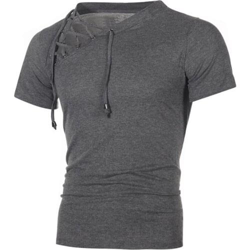Male sexy bandage hollow out White Short Sleeve t Shirt New Mens Fitness Gyms t shirt Men Sexy V Neck Tshirt Tops M-3XL MTS590