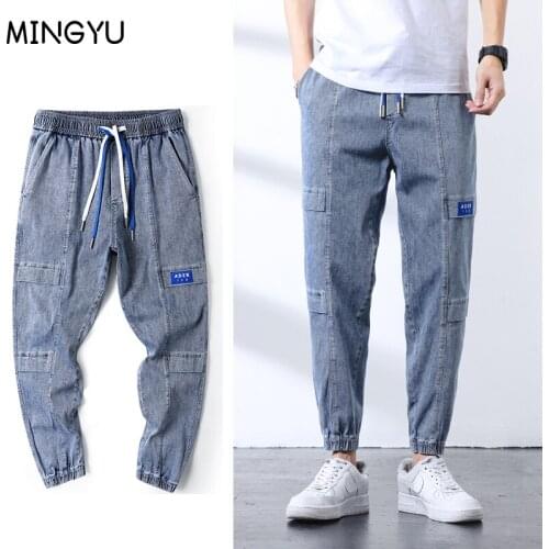 2021 New Spring Summer Cotton Ankle-Length Jeans Men Streetwear Jogger Splice Jean Denim Hip hop Harem Pants Blue Trousers Male