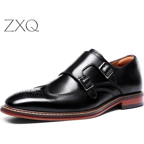 Top Quality Men Nature Genuine Leather Business Wedding Shoes Pointed Toe Slip On Double Buckle Men Monk Oxford Shoes