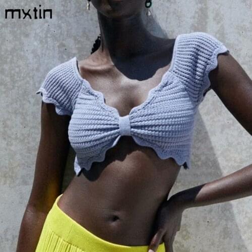 MXTIN 2021 Summer Vintage Solid Crochet Cropped T Shirt Women Tops Tees V-Neck Short Sleeve Female Casual T-Shirt Womens Clothes