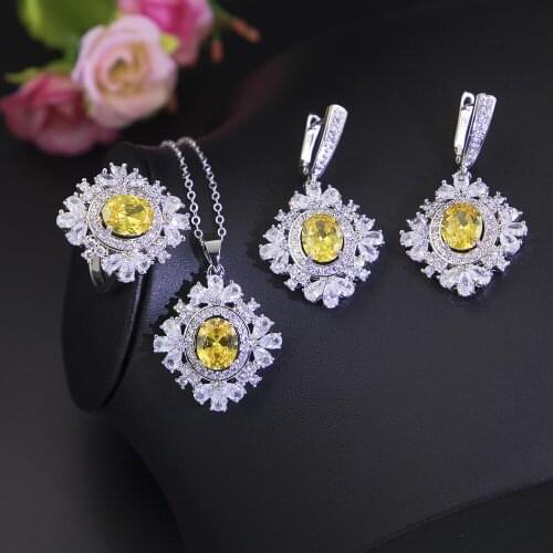 Funmode 3PCS Yellow Cubic Zircon Flower Shape Bridal Jewelry Sets For Female Wedding Jewelry Adornment Wholesale FS96