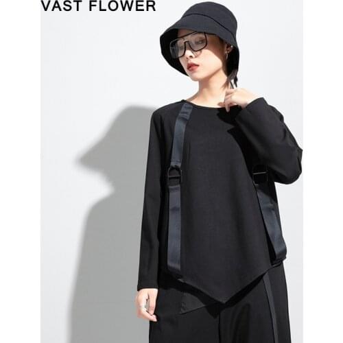 Irregular Ribbon Spliced Black Tshirt Women New O-Neck Long Sleeve Loose Casual T-Shirt Tops Fashion Clothes Spring Autumn 2021