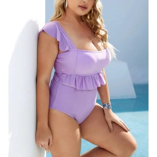 2021 New Ruffle Frilled Sexy Fashion Purple One-piece Bikini Plus Size Swimsuit Women Push Up Monokini Swimwear Summer Beachwear