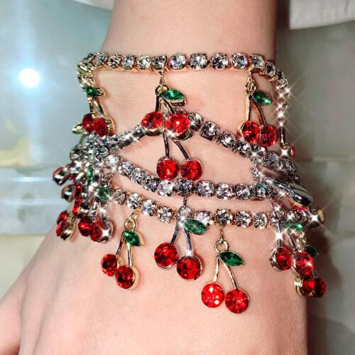 New Sweet Cute Shiny Cherry Crystal Bracelets For Women Gold Silver Color Bling Rhinestone Bracelet Fashion Jewelry Gifts