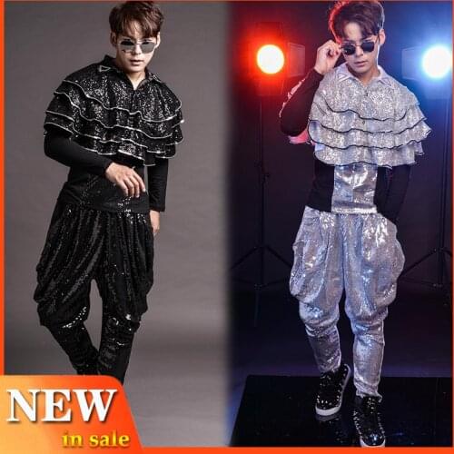 Autumn Male GoGo Dancer Costume Nightclub Sequin Sets Rock Punk Performance Outfits Singer Stage Hip Hop Dance Clothes BL2222