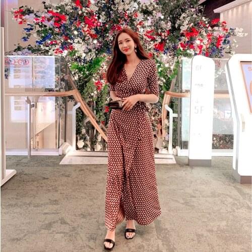 Fashion women new arrival beach print comfortable loose sash a-line dress temperament work style sweet long party v-neck dress