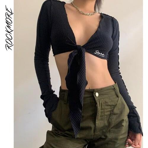 Rockmore Sexy Tie Up T Shirts Women Black Casual Deep V Neck Long Sleeve Crop Top Tee Y2K Aesthetic Clothes Streetwear Clubwear