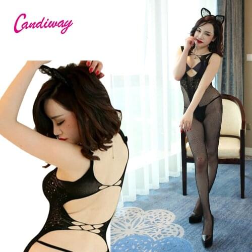 Sexy Fishnet Bodysuit Lingerie Sexy All-In-One Sheer Fishnet and Lace Babydoll Bodystocking Black GA135