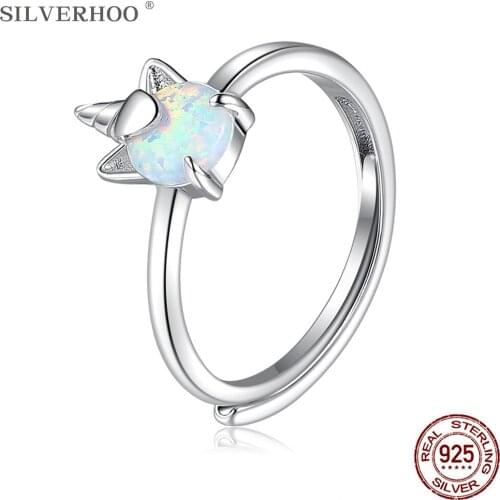 SILVERHOO 925 Sterling Silver Ring Sparkle Opal Unicorn Design Women Rings Couple Wedding Anniversary Gift Adjustable Jewelry