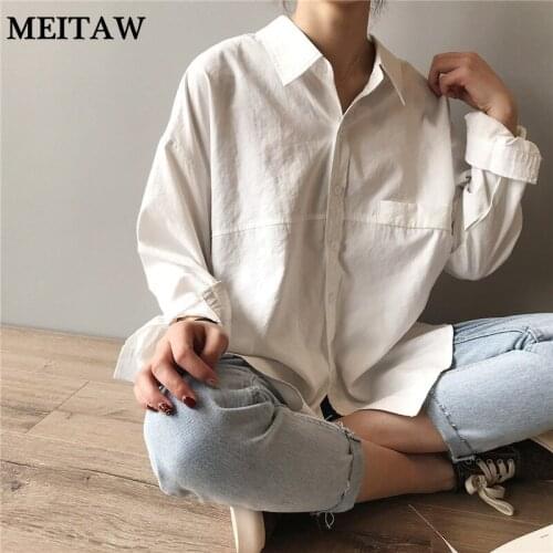 Vintage Loose Office Shirt Blouse Women White Shirts 2020 Autumn Casual Turn-down Collar Long Sleeve Solid Tops