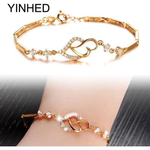 YINHED Romantic Double Heart Bracelet Gold Color Fashion Jewelry Cubic Zirconia Bangles bracelets for Women Birthday Gift ZB412