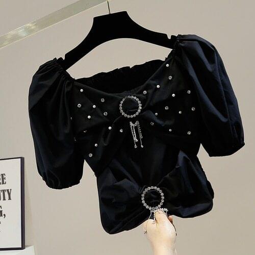 Beads Diamond Bow Shirt Womans New Short Puff Sleeve V Collar Off Shoulder Slim-Fit Navel-Exposed Crop Top Ladies Blouses