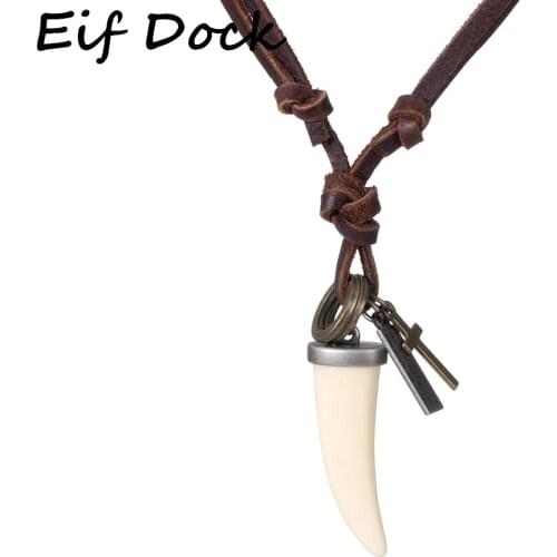 Eif Dock Horn Pendant Necklace Men Brown Genuine Leather Necklace Jewellery Manmade Ethnic Charm Accessories Drop Shipping