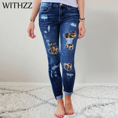 WITHZZ Autumn Winter Womens Fashion Leopard Print Ripped Patch Stretch Pencil Pants Denim Trousers Jeans