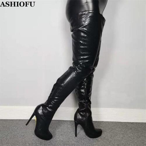 ASHIOFU Real Photos Womens Thigh High Boots Pleated-leather Party Prom Sexy Over Knee Boots Club Evening Fashion Dating Boots