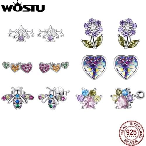 WOSTU 925 Sterling Silver Colorful Heart Stud Earrings Rainbow Unicorn Lightning Earrings For Women Fashion Silver Jewelry