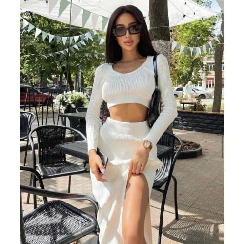 Womens 2 Piece Sets 2020 Loose Colors Leopard Jacquard Knit Sweater + Midi Pencil Skirt Suit Lady Two-Piece Dress Knit Skirt Set