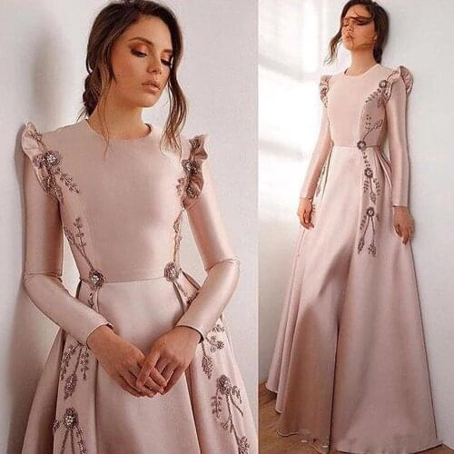 Modest Long Sleeves Satin A Line Evening Dresses 2020 Ruffles Lace Applique Beaded A Line Prom Dresses Plus Size Gowns