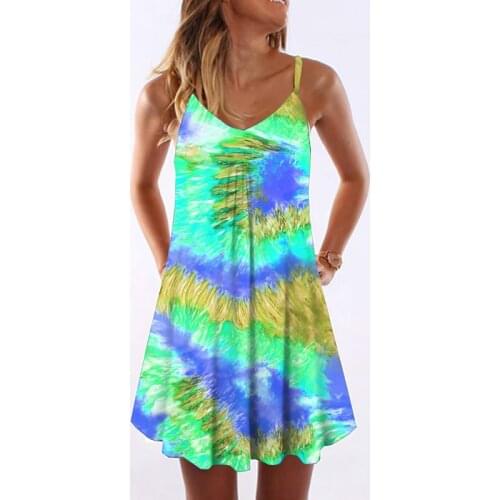 New 2021 Summer Dresses Women Tie Dye Gradient Mini Short Dress Lady Strap Striped Casual V-neck Loose Beach Dress Sexy Vestidos