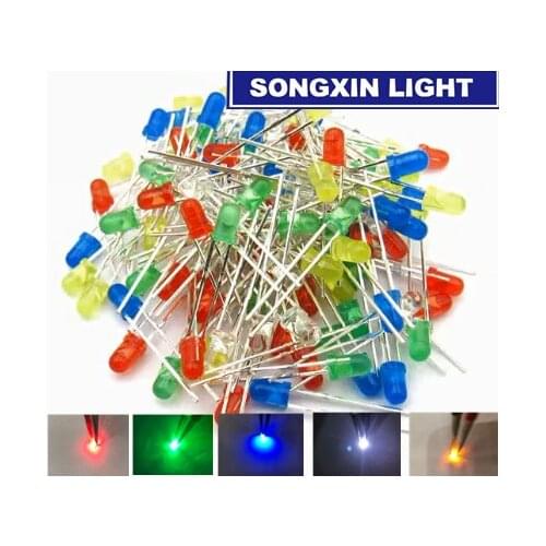 1000Pcs 5 Colors F3 3MM Round LED Assortment Kit Ultra Bright Diffused Green/Yellow/Blue/White/Red Light Emitting Diode Orange