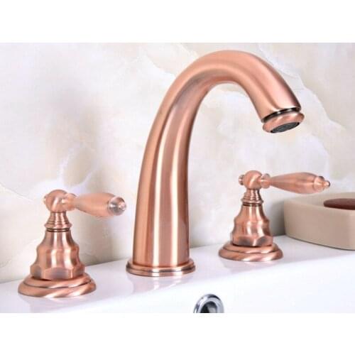 Antique Red Copper Double Handle Deck-Mount Three Hole Widespread Bathroom Lavatory Bathtub Basin Faucet Sink Mixer Tap drg065