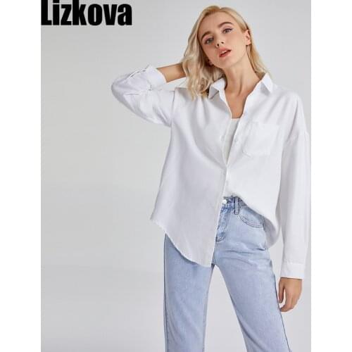 Lizkova White Blouse Women 2021 Long Sleeve Oversized Green Shirt Female Spring Pocket Official Tops Blusas Roupa 8866