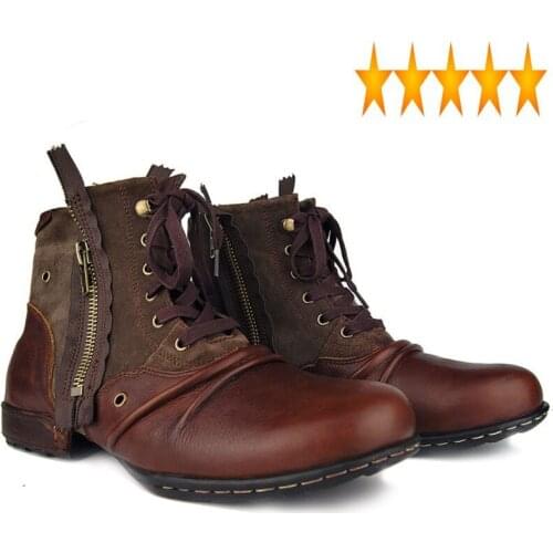 Mens Plus Size Vintage Zipper Work High Quality Round Toe Genuine Leather Ankle Casual Riding Boots Zapatos Hombre