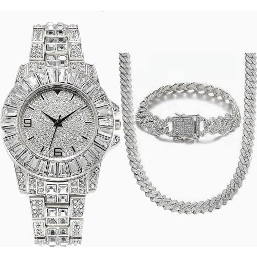 Necklace Watch Bracelet HipHop Miami Curb Cuban Chain Gold Full Iced Out Paved CZ Bling Big Gold Chain for Men Jewelry Set Reloj