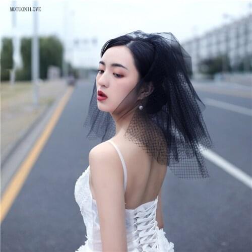 Black Short Bridal Veils Cut Edge Two Layer Shoulder Length Veils For Bride Ivory Hole Tulle Wedding Veils Voile Mariage Court