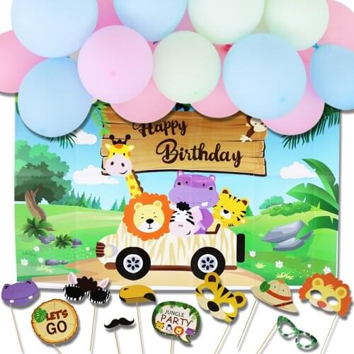Safari Animal Theme Happy Birthday Backdrop Jungle Zoo Birthday Photography Backdrop Party Decoraitons for Kids Photo Booth Prop