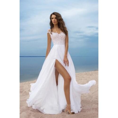 Elegant White Boho V Neck Wedding Gowns Sleeveless Chiffon Side Slit A Line Bridal Dresses Backless Lace Appliques Wedding Dress