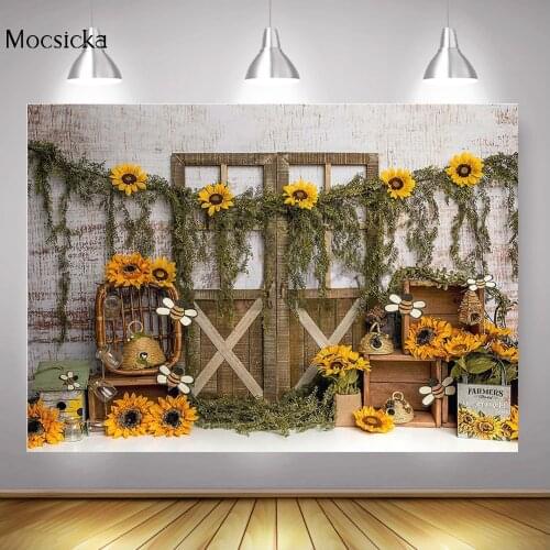 Sunflowers Retro Wooden Door Photography Backdrop Newborn Baby Little Bee Birthday Cake Smah Background Honey Photo Studio