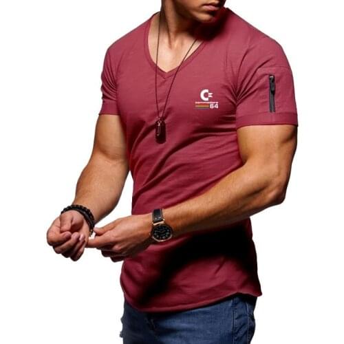Hot Sale Mens V Neck T Shirt 2021 Summer Fashion Solid Short Sleeve T Shirt Men Brand Printing Slim Fit Mens Top Tees Shirt