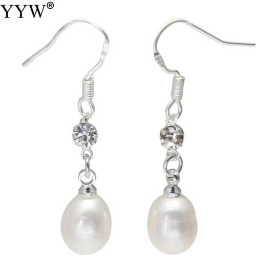 Hot Selling 1 Pair Freshwater Pearl Earrings with Brass White Color 8-9mm Rice Silver Color Plated Drop Earrings for Women