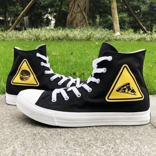 Wen Original Canvas Black Shoes Hamburger Pizza Traffic Warning Signs Design Woman Man Athletic Shoes Sneakers White High Tops